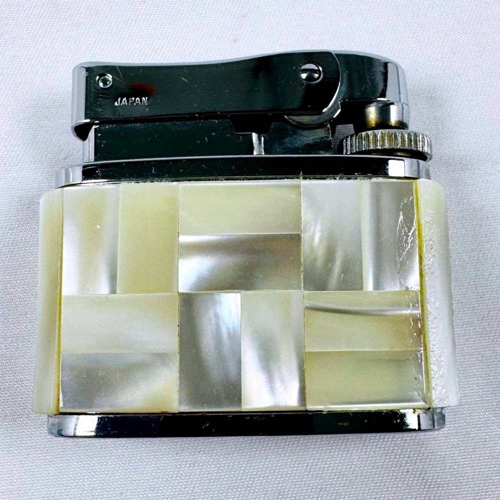 Vintage Brother-lite Gas Lighter Mother of Pearl Mosaic Chrome Japan PLS READ